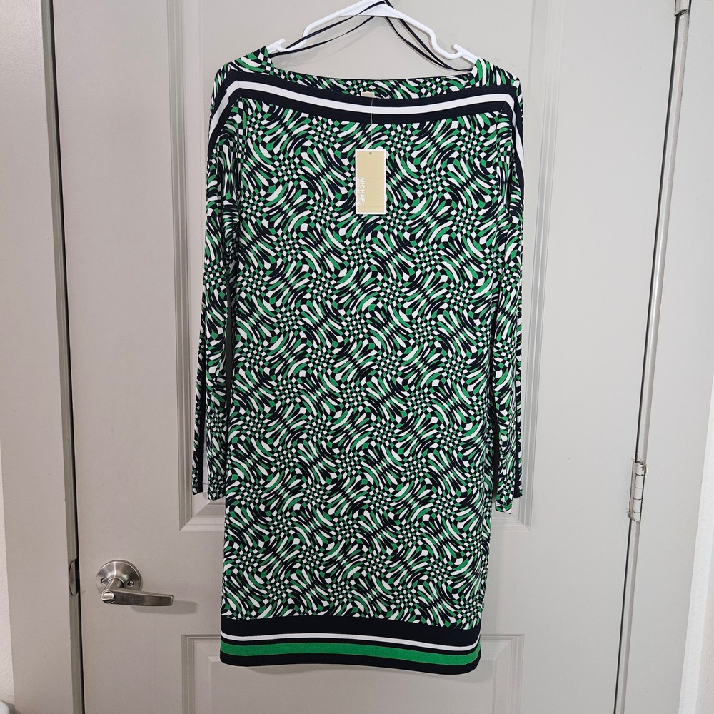 Michael Michael Kors Green Optical Print Boat Neck Shift Dress Size M NEW NWT